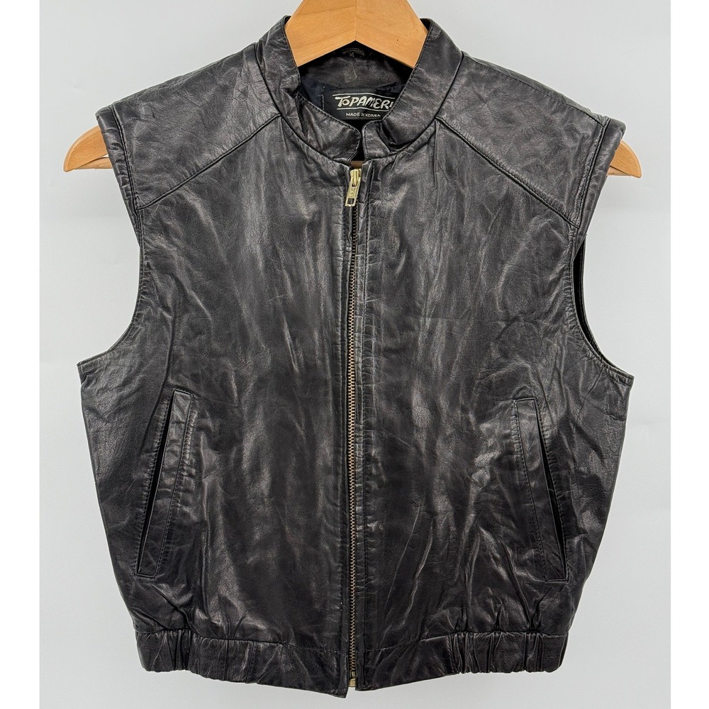 Vintage TOPAMERI Black Genuine Leather Mock Neck Zip Up Fall Vest Women's Size M